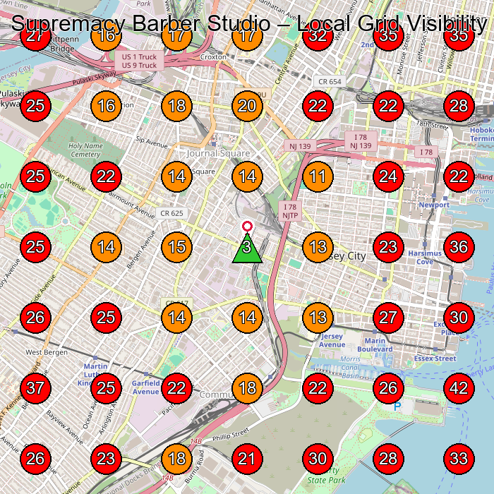 Supremacy Barber Studio GeoGrid visibility map for Barber Shop in Jersey City